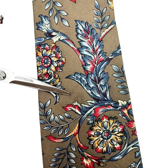 Oscar de la Renta Couture Taupe Brown Red Blue Floral Print Men's Neck Tie - Picture 3 of 8